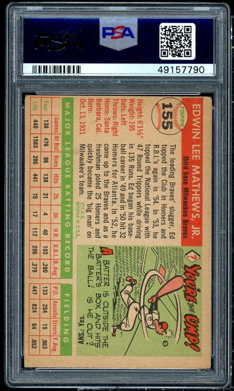 Eddie Mathews Card 1955 Topps #155 PSA 3.5 Image 2