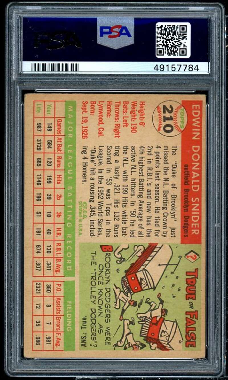 Duke Snider Card 1955 Topps #210 PSA 3 Image 2