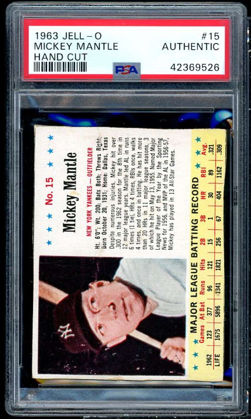 Mickey Mantle Card 1963 Jello Hand Cut #15 PSA Authentic Image 1