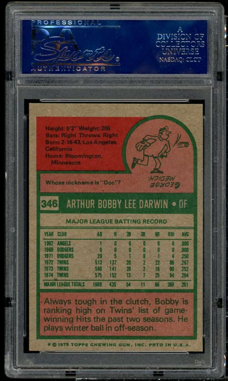 Bobby Darwin Card 1975 Topps #346 PSA 8 (oc) Image 2