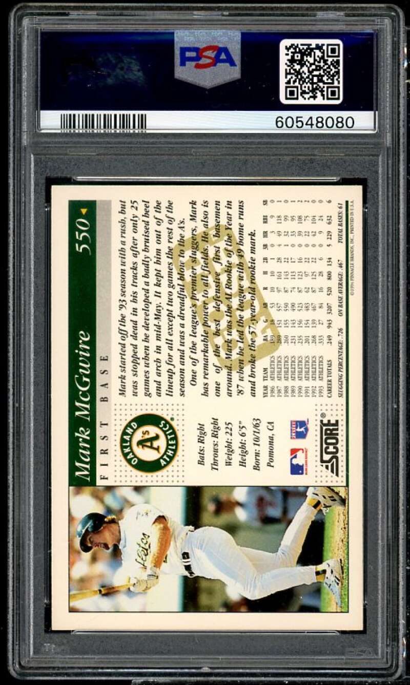 Mark McGwire Card 1994 Score Gold Rush #550 PSA 9 Image 2