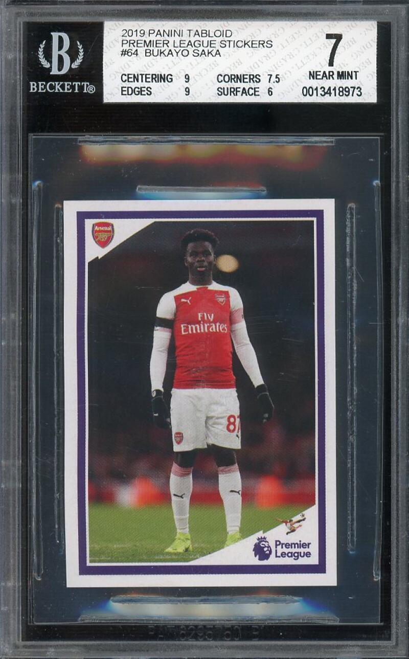 Bukayo Saka Rookie Card 2019 Panini Tabloid Premier League Stickers  BGS 7 Image 1