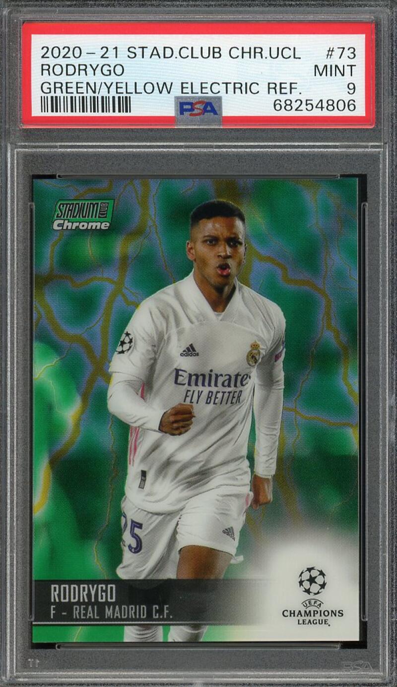 2020-21 Stadium Club Chrome UCL Green/Yellow Elect. RF #73 RODRYGO PSA 9 Image 1