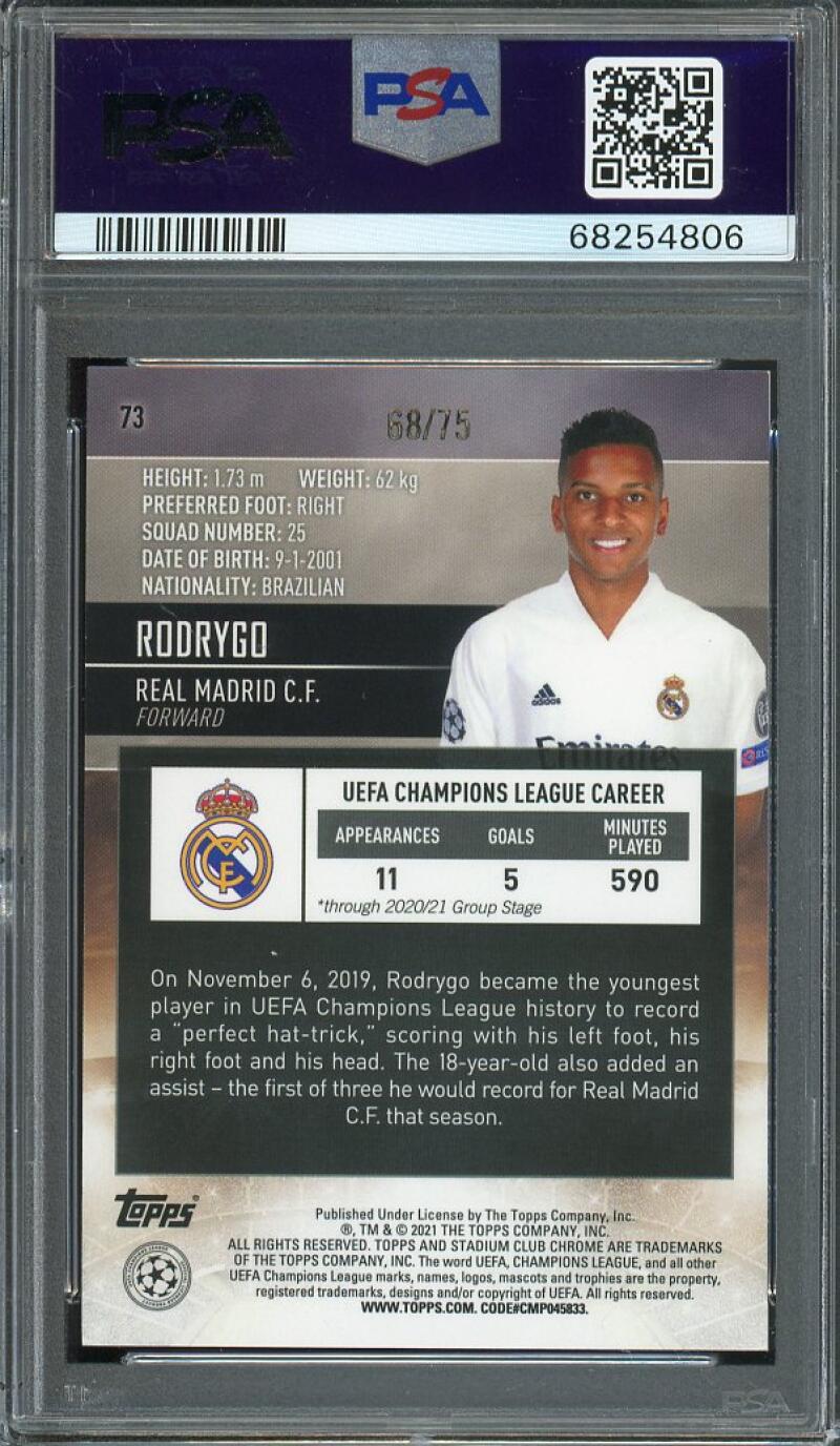 2020-21 Stadium Club Chrome UCL Green/Yellow Elect. RF #73 RODRYGO PSA 9 Image 2