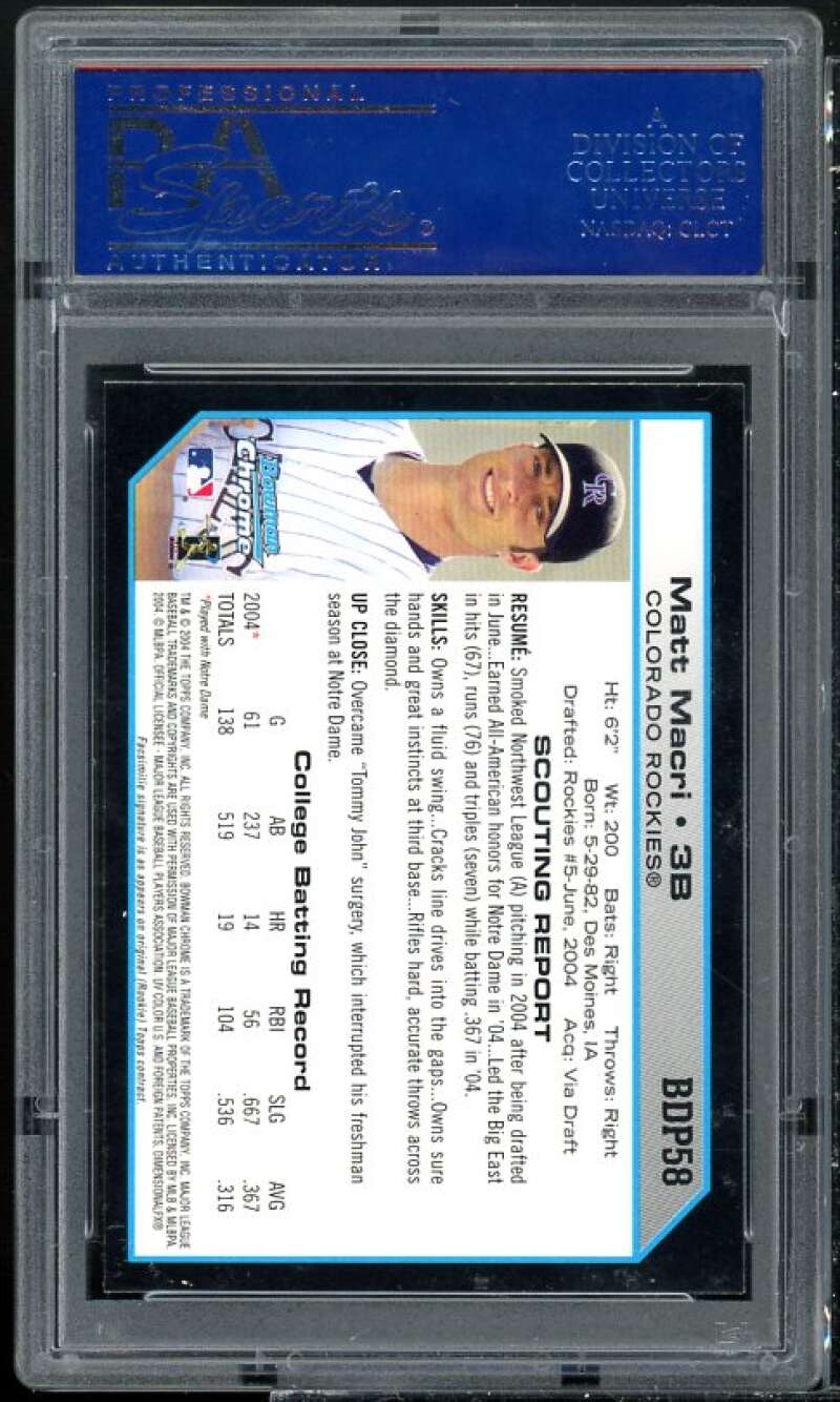 Matt Macri Rookie Card 2004 Bowman Chrome Draft Picks #58 PSA 10 Image 2