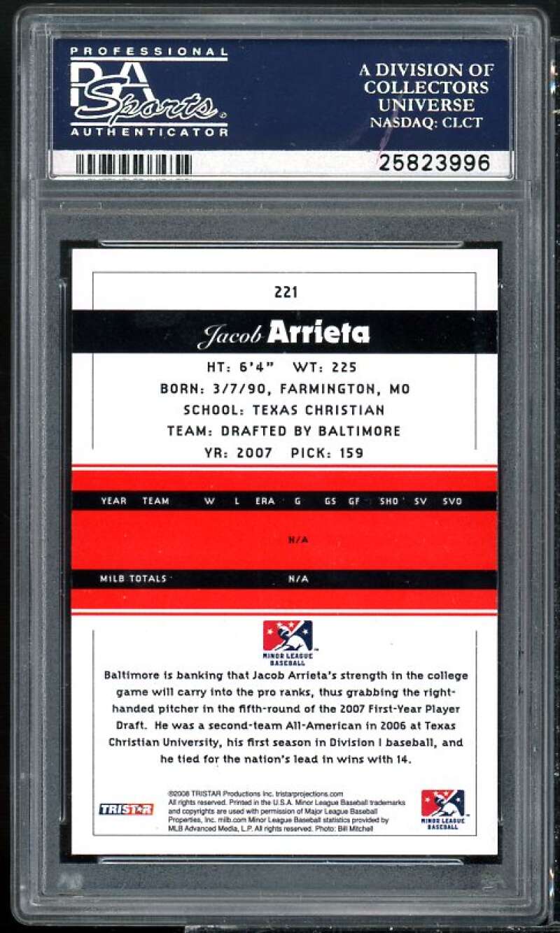 Jake Arrieta Rookie Card 2008 Tristar Projections #221 PSA 9 Image 2