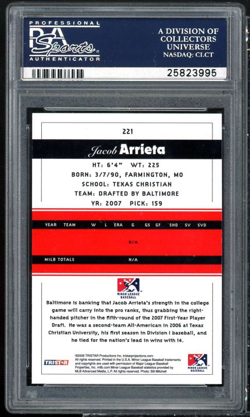 Jake Arrieta Rookie Card 2008 Tristar Projections #221 PSA 10 Image 2