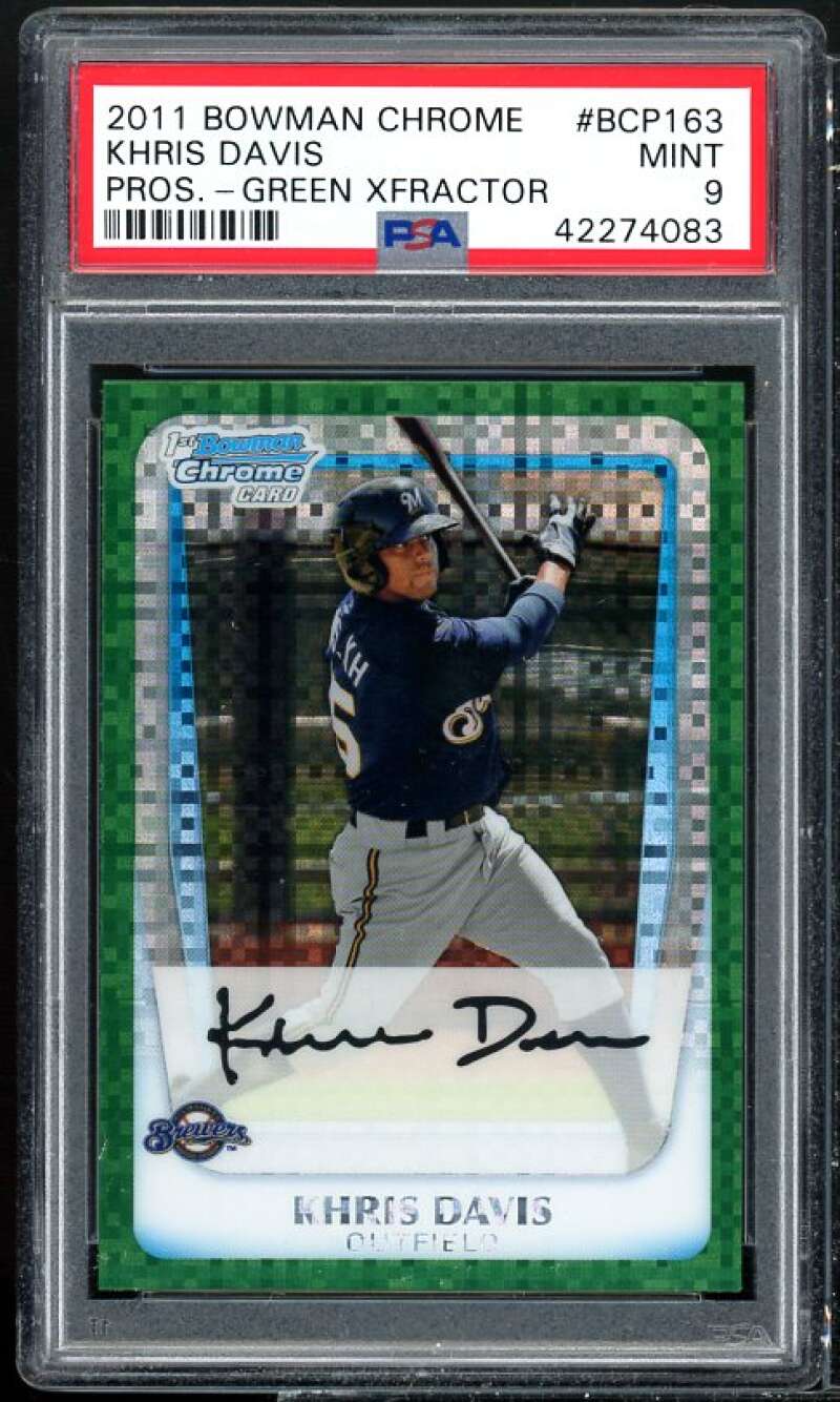 Khris Davis Rookie Card 2011 Bowman Chrome Pros Green Xfractor #BCP163 PSA 9 Image 1