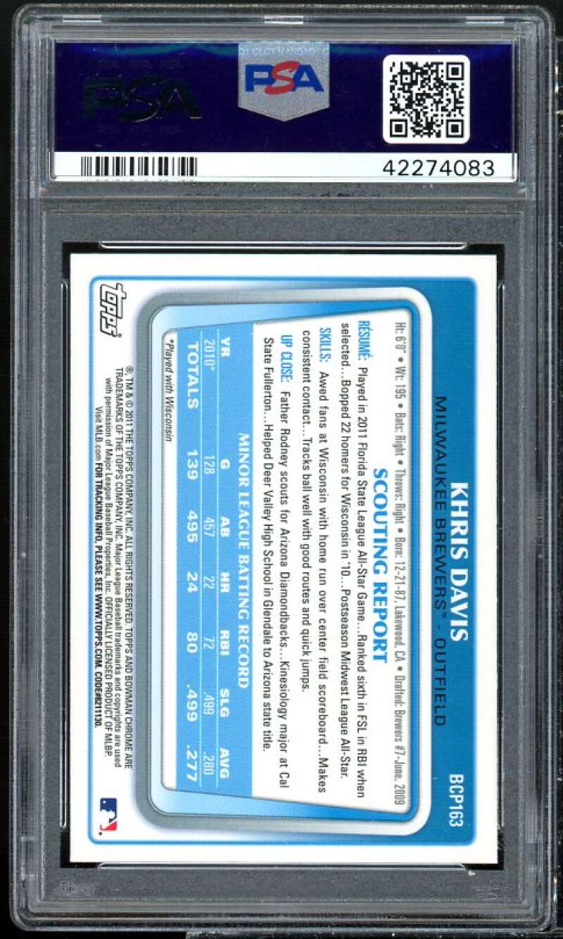 Khris Davis Rookie Card 2011 Bowman Chrome Pros Green Xfractor #BCP163 PSA 9 Image 2