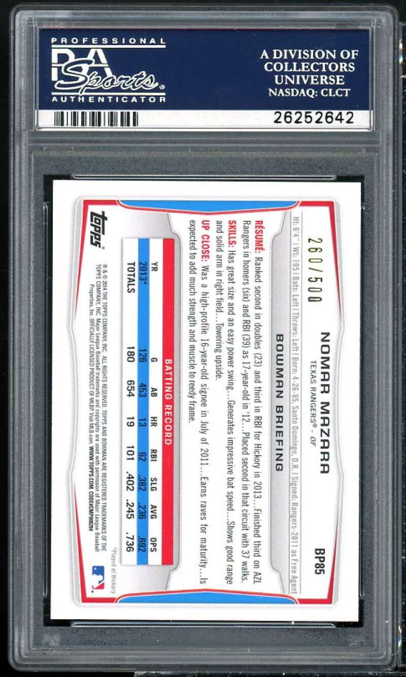 Nomar Mazara Rookie Card 2014 Bowman Prospects Blue Border #BP85 PSA 9 Image 2