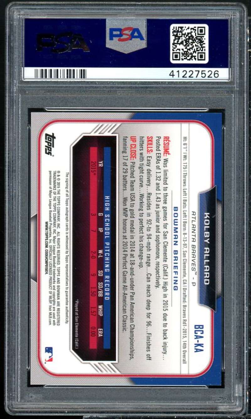 Kolby Allard Rookie Card 2015 Bowman Chrome Draft Pick Auto Ref #BCA-KA PSA 9 Image 2