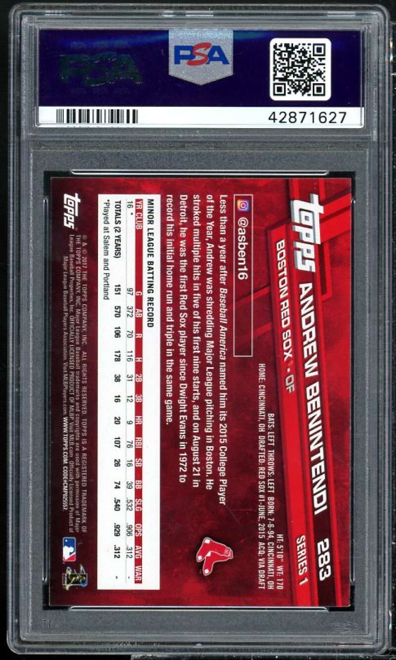 Andrew Benintendi Rookie Card 2017 Topps Holding Bat #283 PSA 9 Image 2