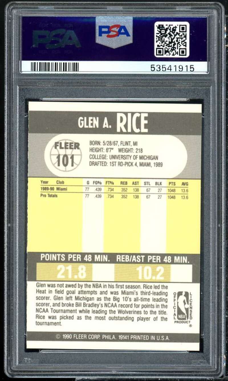 Glen Rice Rookie Card 1990-91 Fleer #101 PSA 9 Image 2