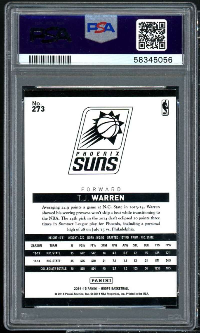 T.J. Warren Rookie Card 2014-15 Panini Hoops #273 PSA 9 Image 2