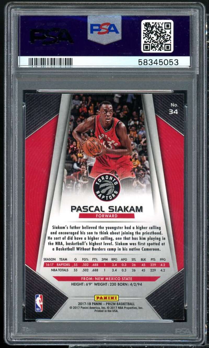 Pascal Siakam Card 2017-18 Panini Prizm #34 PSA 9 Image 2