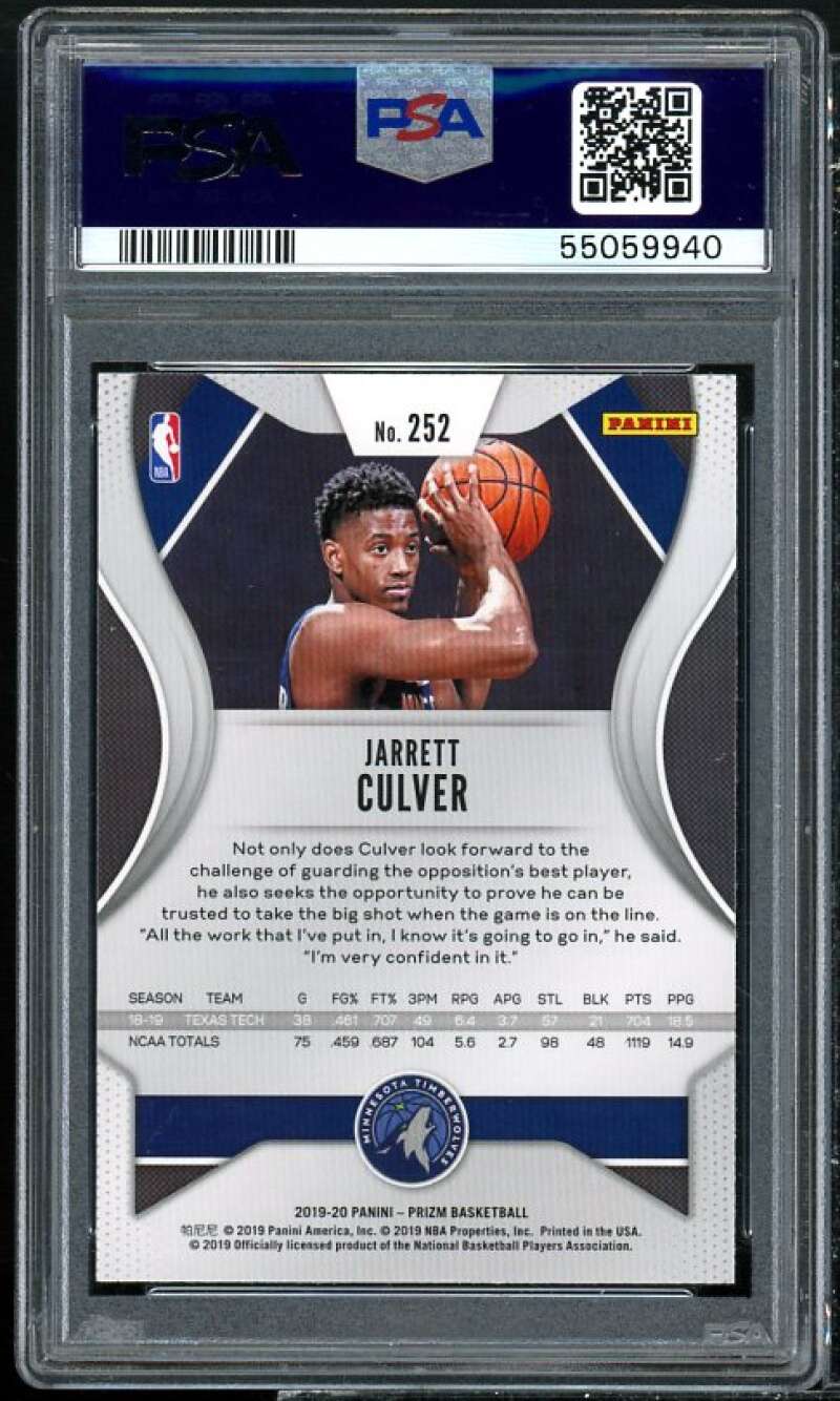 Jarrett Culver Rookie Card 2019-20 Panini Prizm #252 PSA 9 Image 2