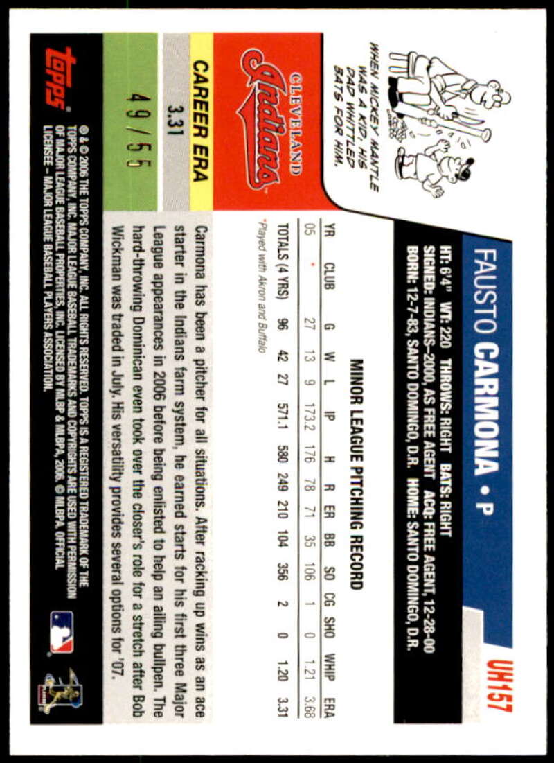 Fausto Carmona Rookie Card 2006 Topps Update Black #UH157 Image 2