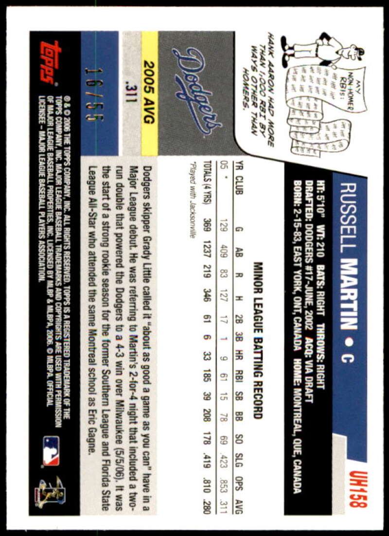 Russell Martin Rookie Card 2006 Topps Update Black #UH158 Image 2