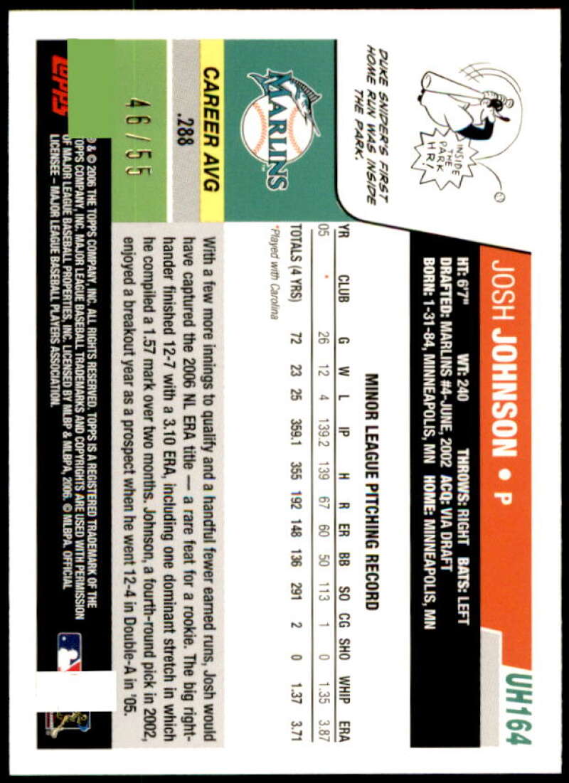 Josh Johnson Rookie Card 2006 Topps Update Black #UH164 Image 2