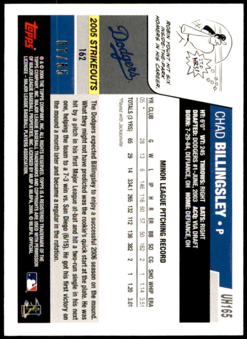 Chad Billingsley Rookie Card 2006 Topps Update Black #UH165 Image 2