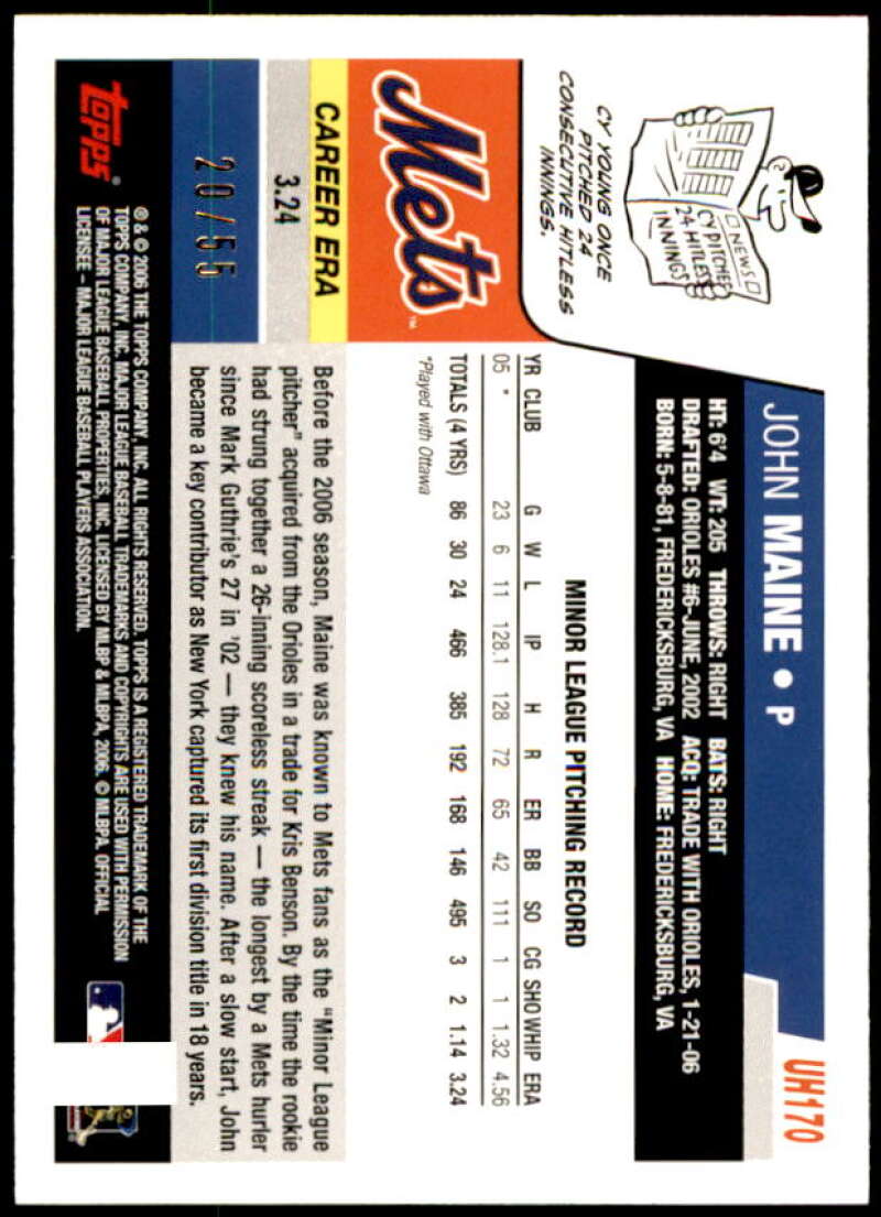 John Maine Rookie Card 2006 Topps Update Black #UH170 Image 2