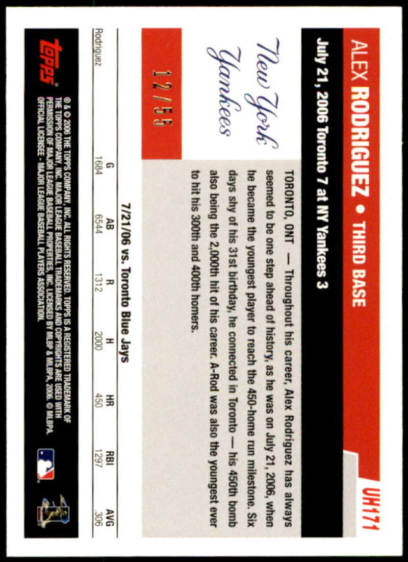 Alex Rodriguez Card 2006 Topps Update Black #UH171 Image 2