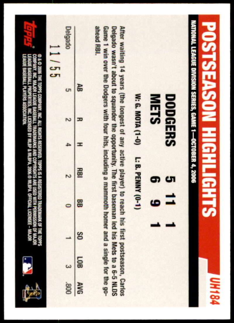 Carlos Delgado Card 2006 Topps Update Black #UH184 Image 2