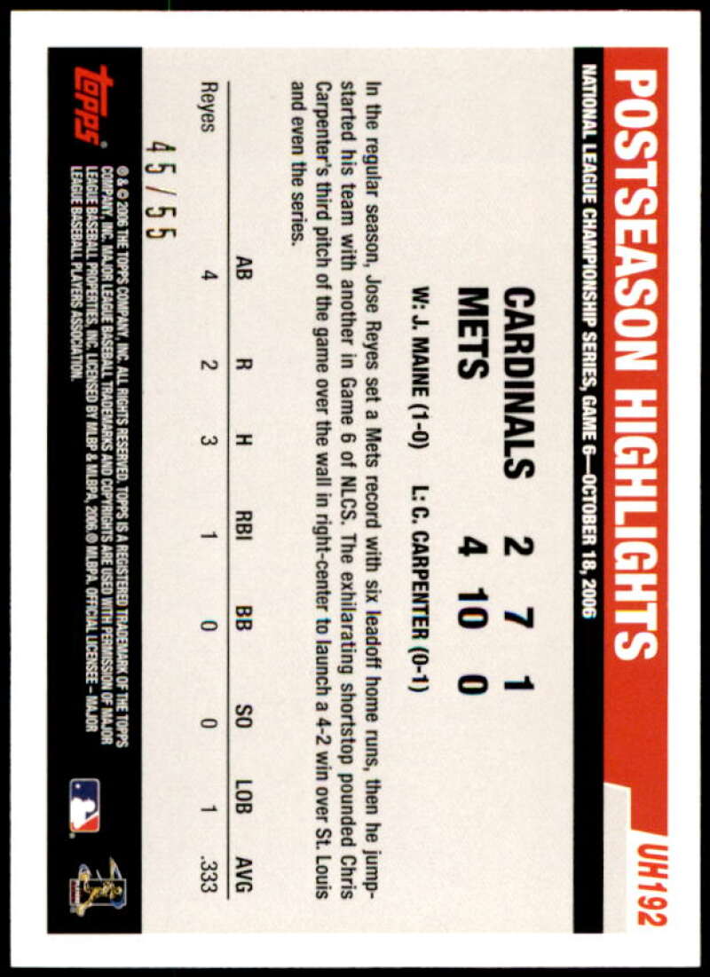 Jose Reyes Card 2006 Topps Update Black #UH192 Image 2