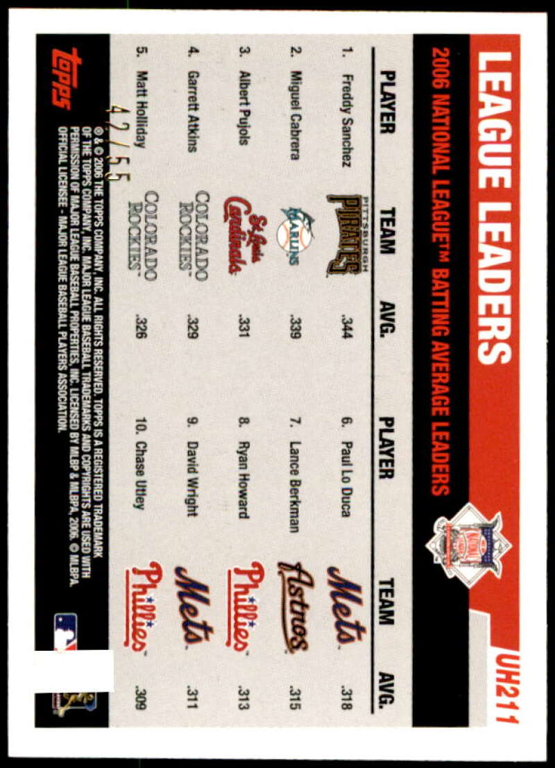 Freddy Sanchez/Miguel Cabrera/Albert Pujols Card 2006 Topps Update Black #UH211 Image 2