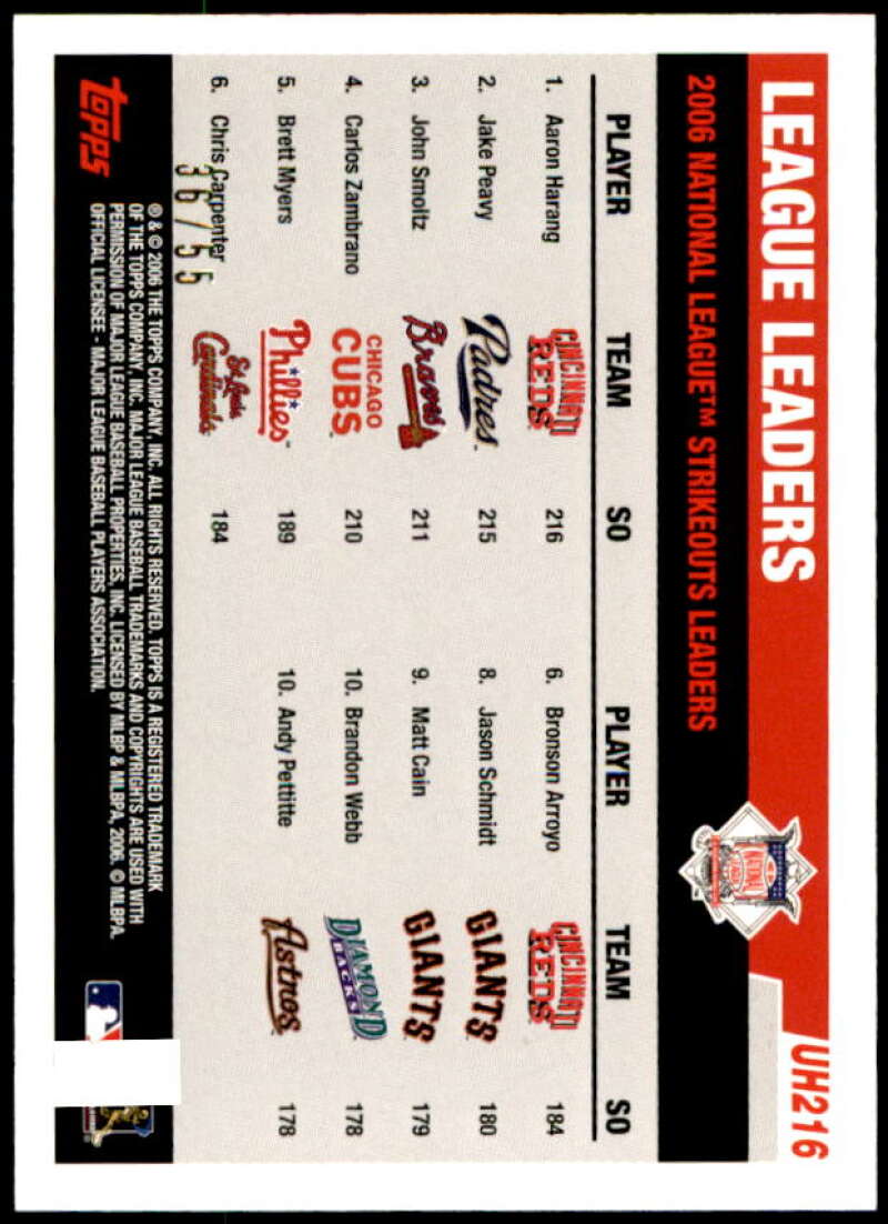 Aaron Harang/Jake Peavy/John Smoltz Card 2006 Topps Update Black #UH216 Image 2