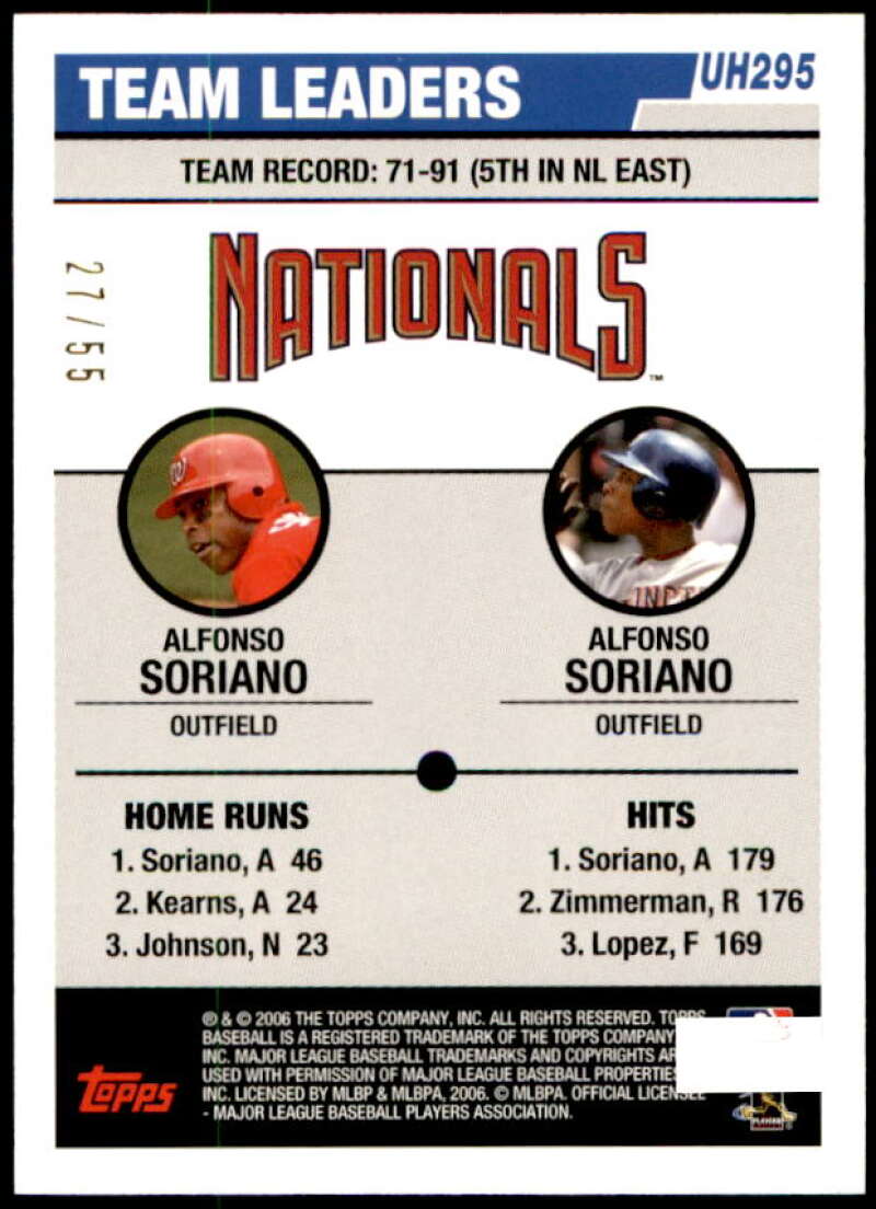 Alfonso Soriano Card 2006 Topps Update Black #UH295 Image 2