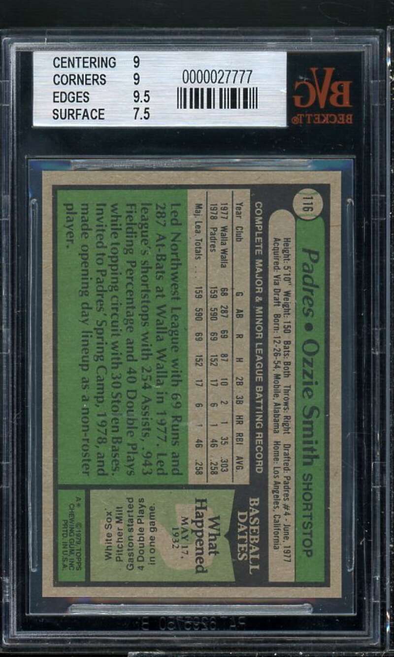 Ozzie Smith Rookie Card 1979 Topps #116 BGS BVG 8.5 (9 9 9.5 7.5) Image 2