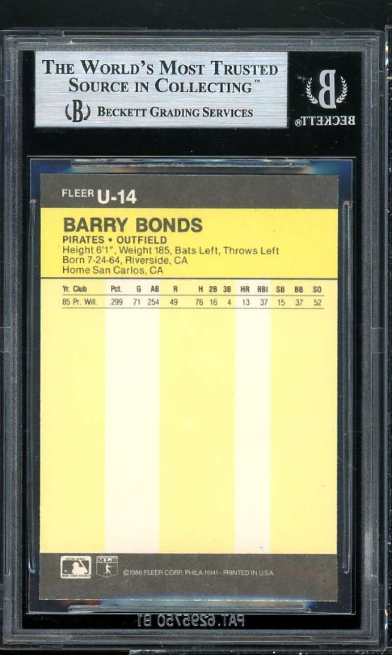 Barry Bonds Rookie Card 1986 Fleer Update #U-14 BGS 9 (9 8.5 9 9) Image 2