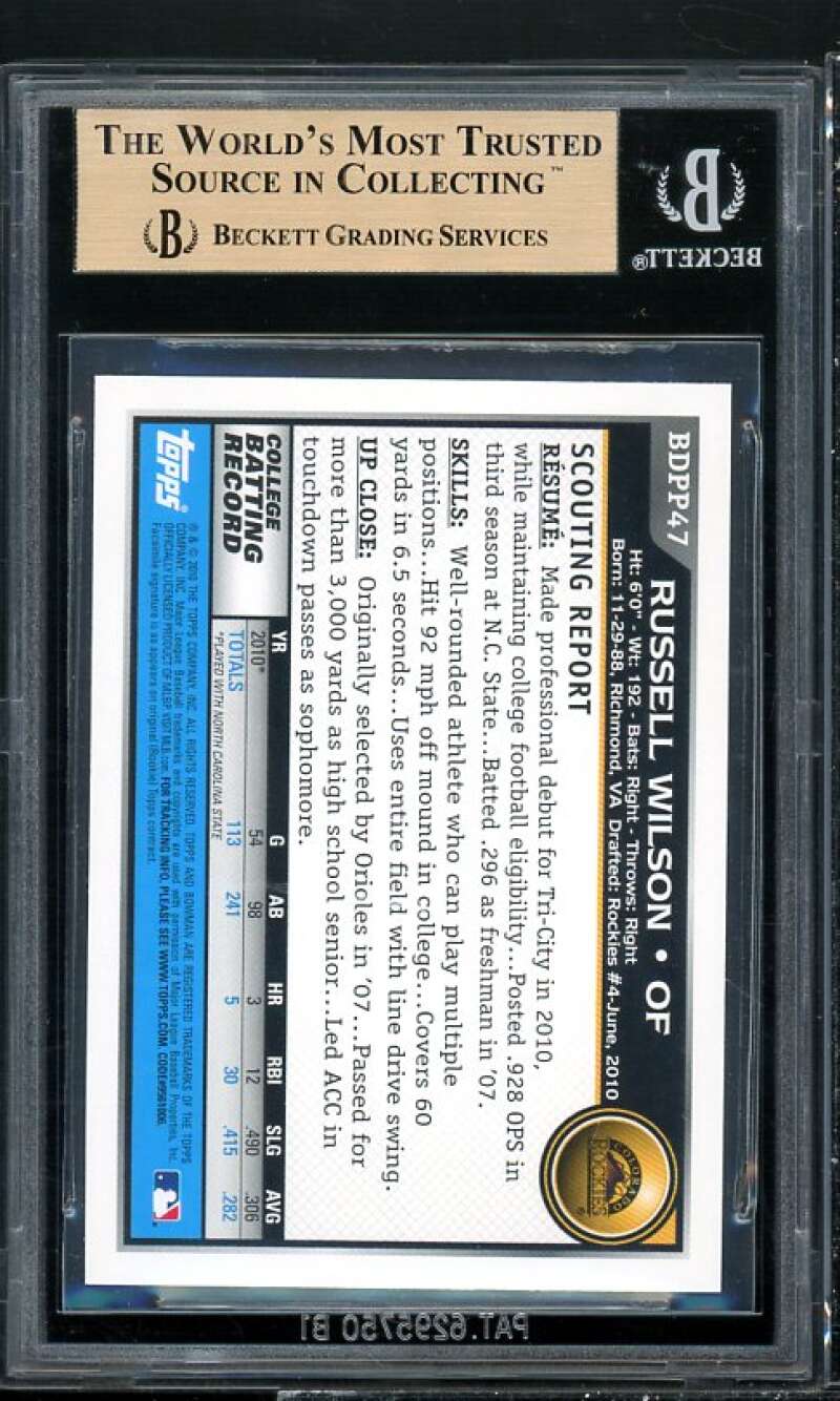 Russell Wilson Baseball Rookie Card 2010 Bowman Draft Prospects #BDPP47 BGS 9.5 Image 2