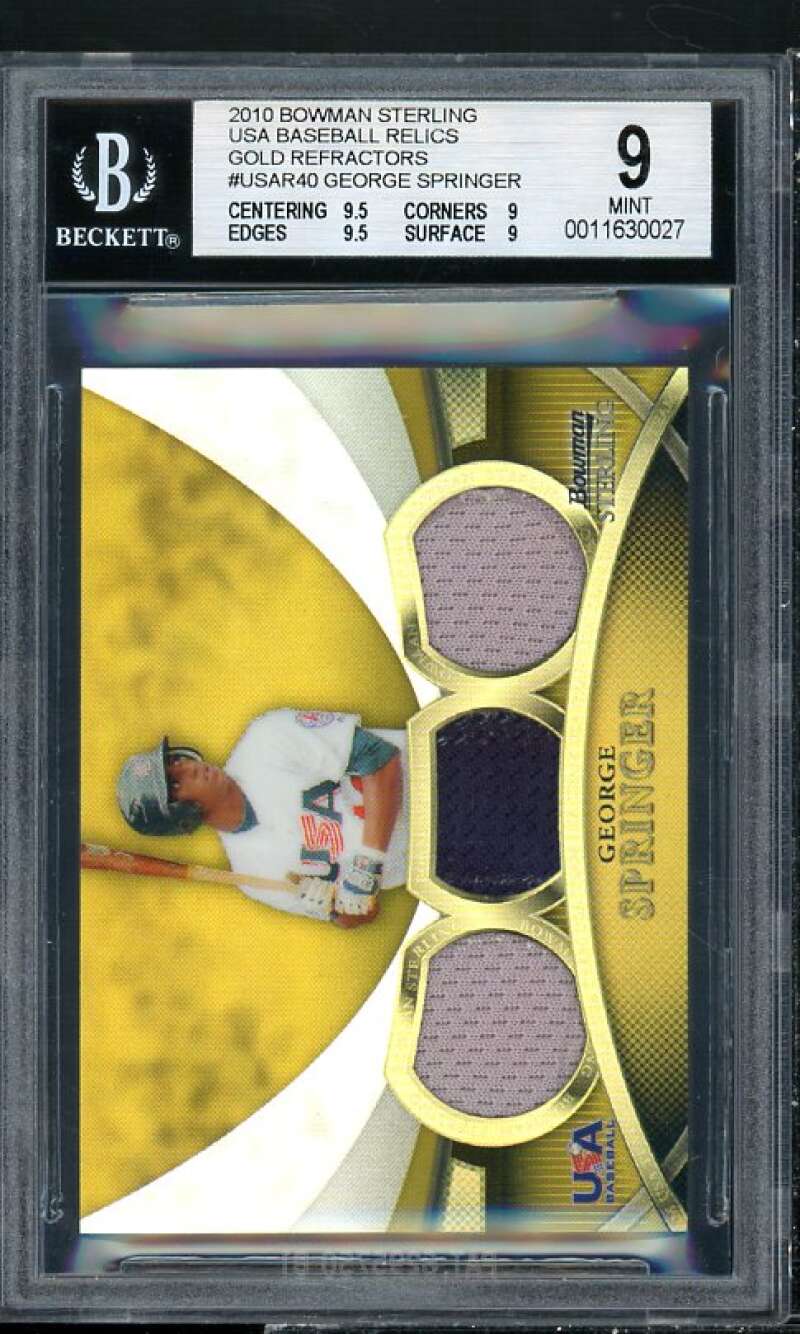 George Springer Rookie 2010 Bowman Sterling USA Relics Gold Refractor #40 BGS 9 Image 1