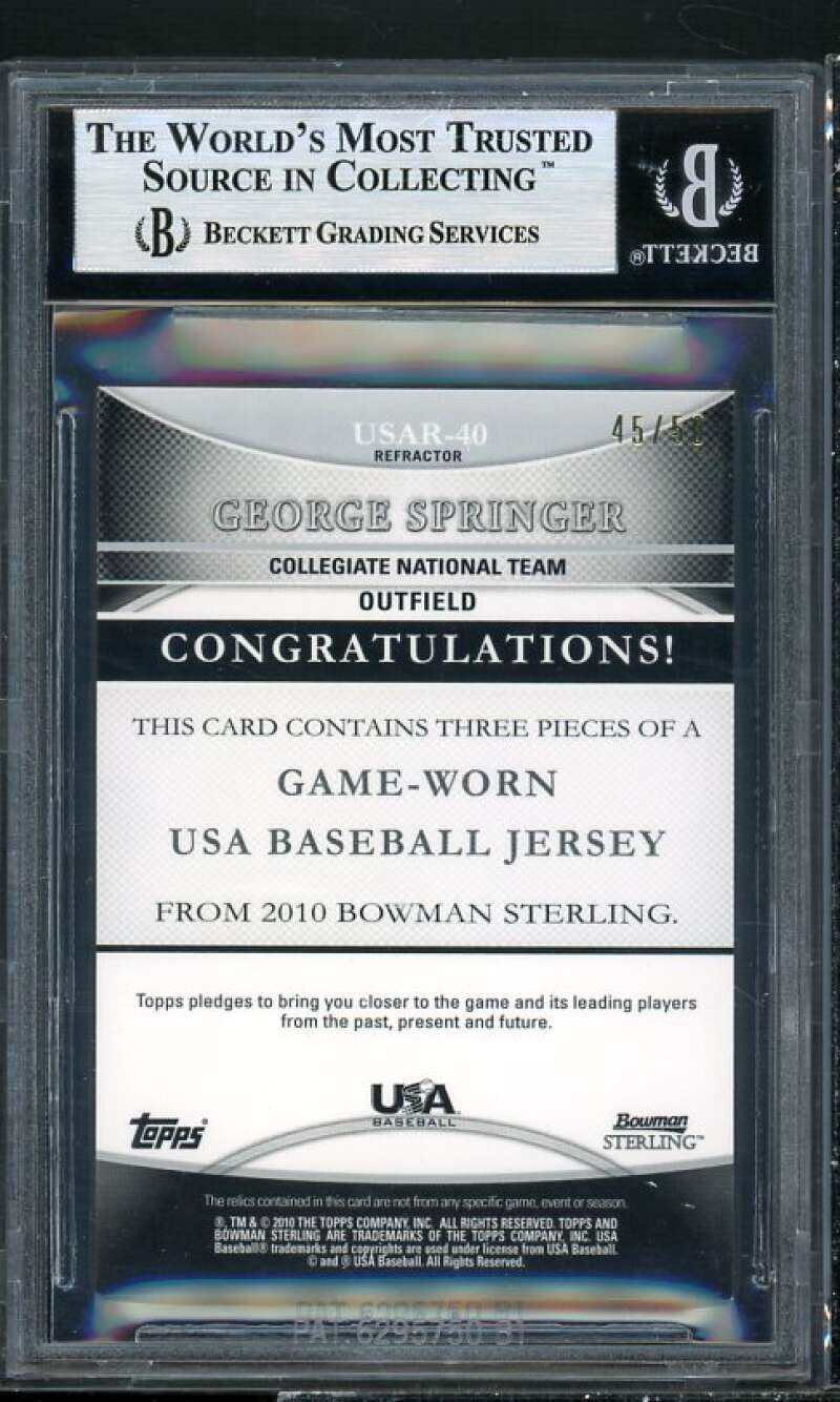 George Springer Rookie 2010 Bowman Sterling USA Relics Gold Refractor #40 BGS 9 Image 2