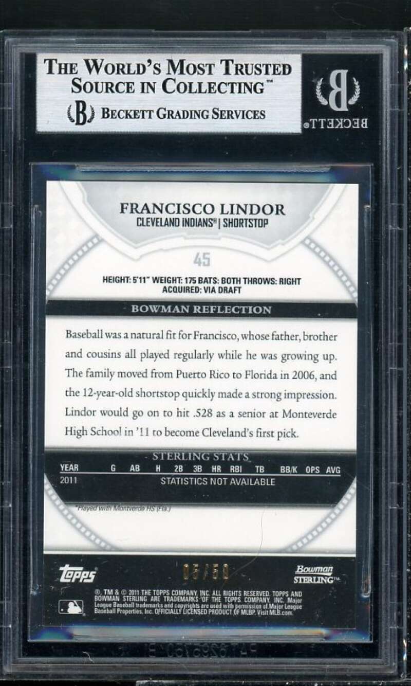 Francisco Lindor Rookie 2010 Bowman Sterling Prospects Gold Refractors #45 BGS 9 Image 2