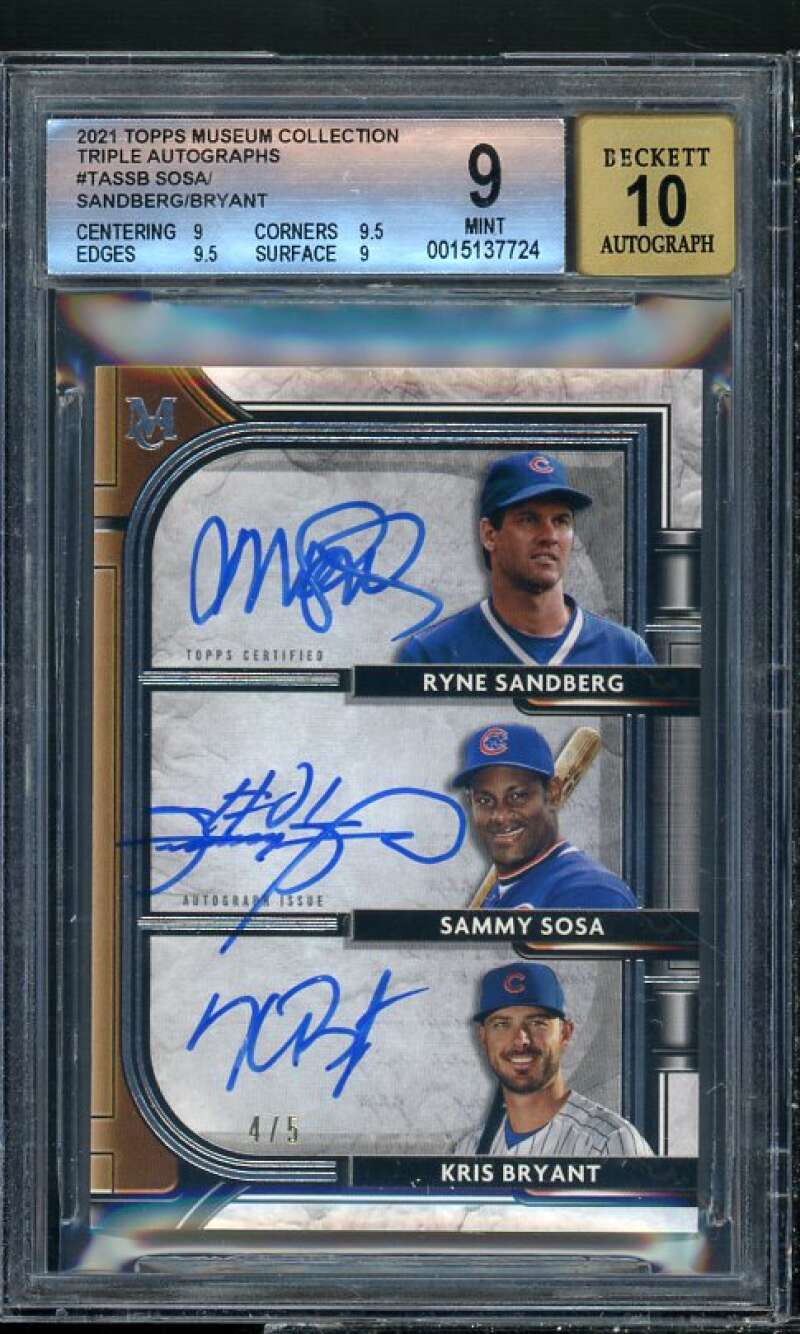 Sammy Sosa/Sandberg/Kris Bryant 2021 Topps Museum Coll Triple Auto #TA-SSB BGS 9 Image 1