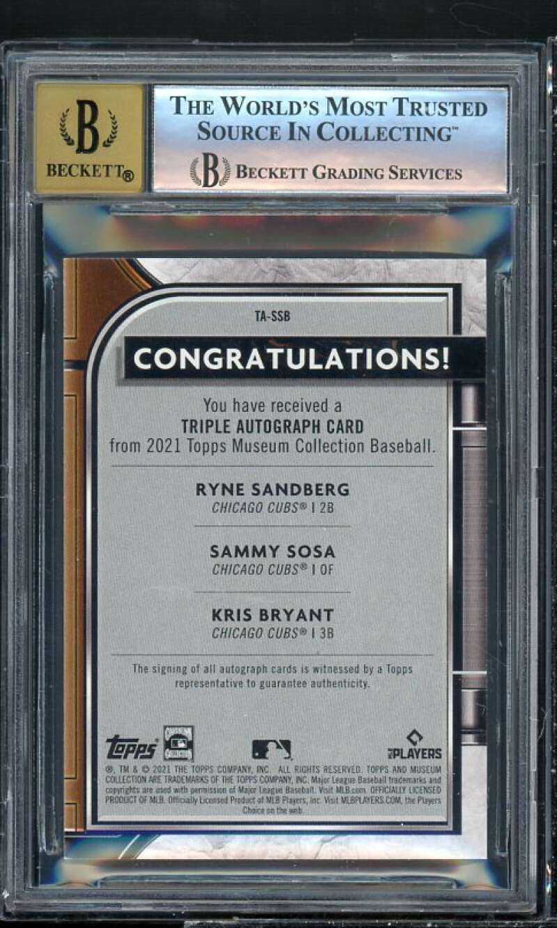 Sammy Sosa/Sandberg/Kris Bryant 2021 Topps Museum Coll Triple Auto #TA-SSB BGS 9 Image 2