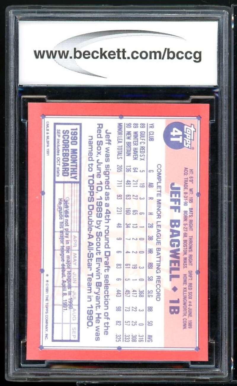 1991 Topps Traded Tiffany #4T Jeff Bagwell Rookie Card BGS BCCG 10 Mint+ Image 2