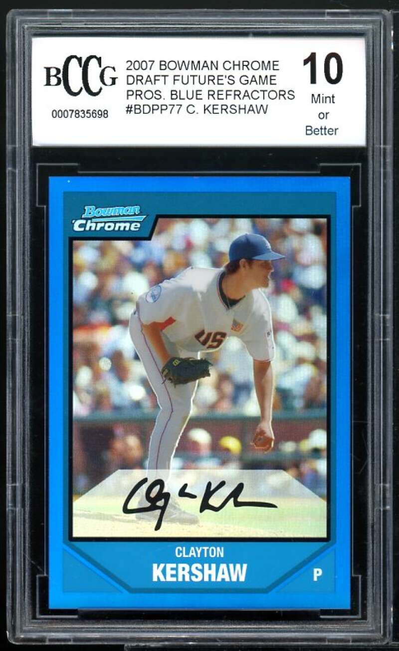 2007 Bowman Chrome Blue Refractors #77 Clayton Kershaw Rookie BGS BCCG 10 Mint+ Image 1