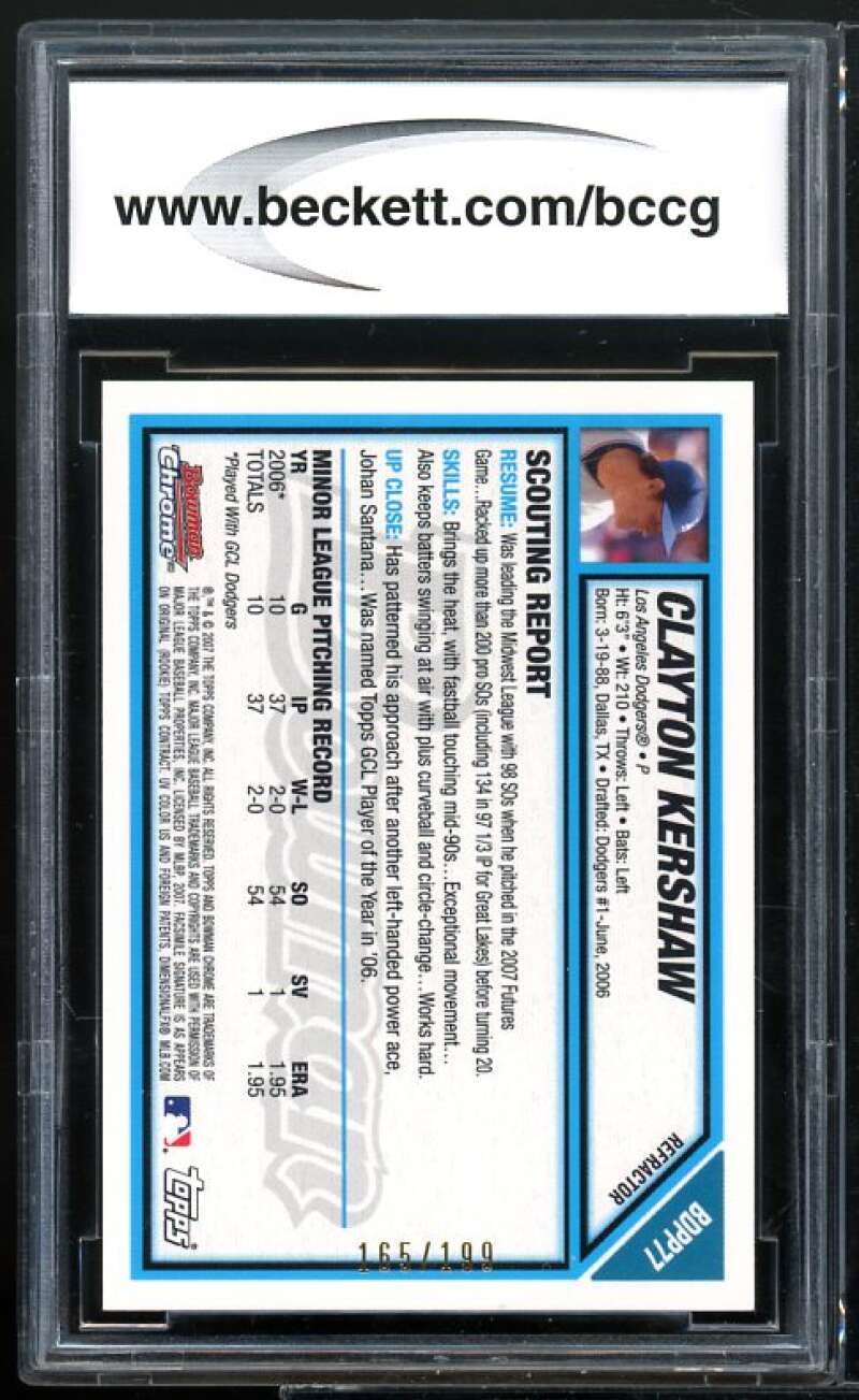 2007 Bowman Chrome Blue Refractors #77 Clayton Kershaw Rookie BGS BCCG 10 Mint+ Image 2