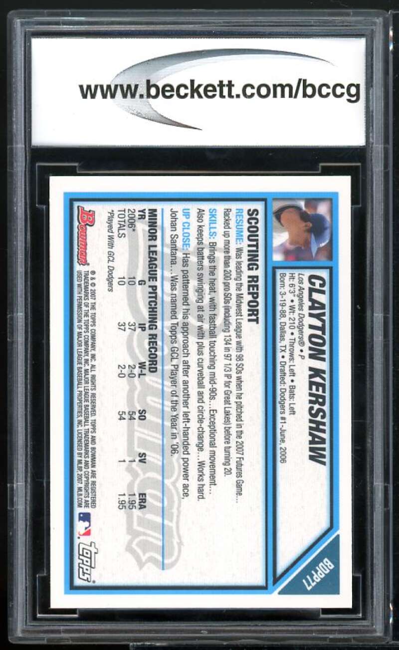 2007 Bowman Draft Futures Gold #77 Clayton Kershaw Rookie Card BGS BCCG 9 NM+ Image 2