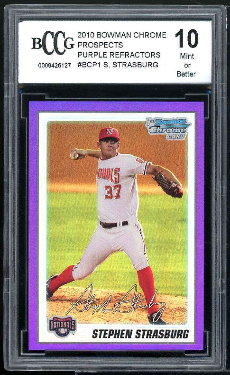 2010 Bowman Chrome Purple Refractor #BCP1 Stephen Strasburg Rookie BGS BCCG 10 Image 1