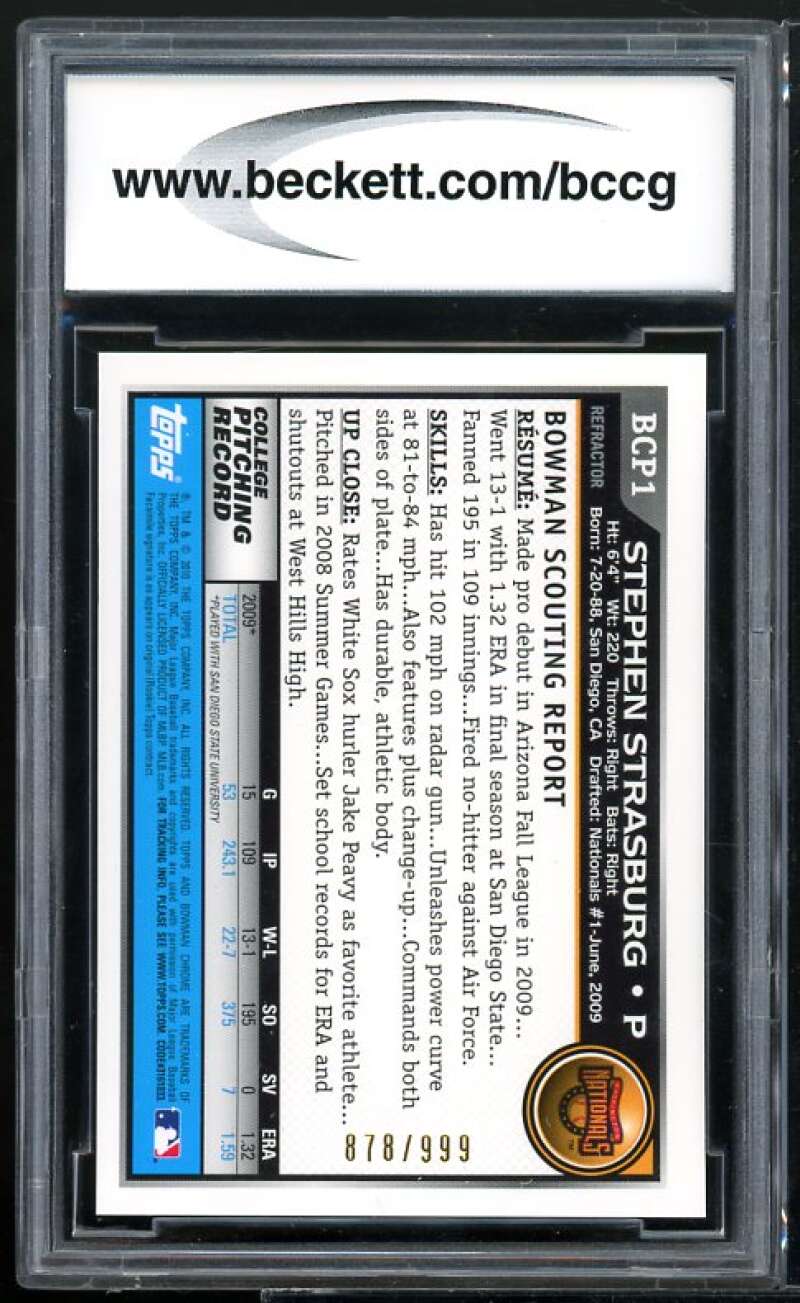 2010 Bowman Chrome Purple Refractor #BCP1 Stephen Strasburg Rookie BGS BCCG 10 Image 2