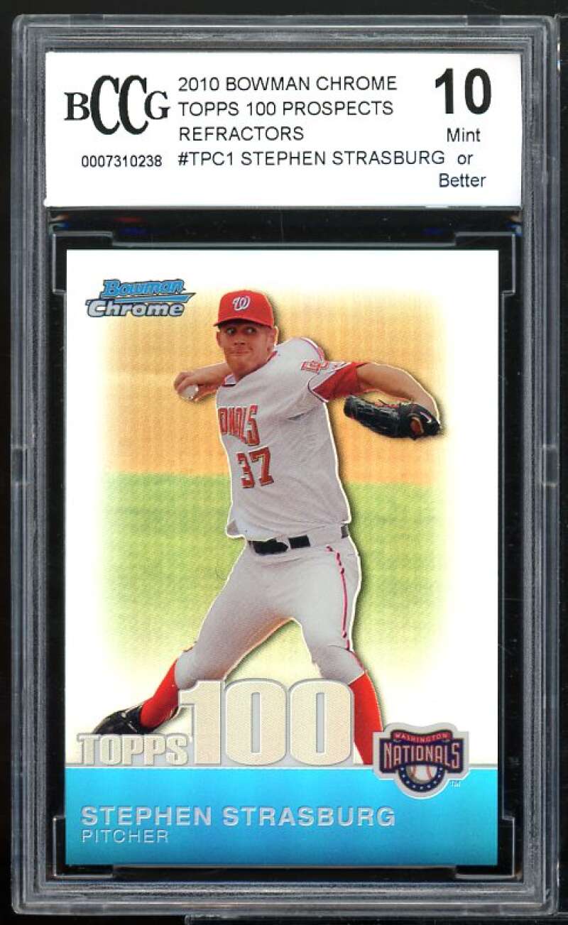 2010 Bowman Chrome Topps 100 Pros Refractors #1 Stephen Strasburg RC BGS BCCG 10 Image 1