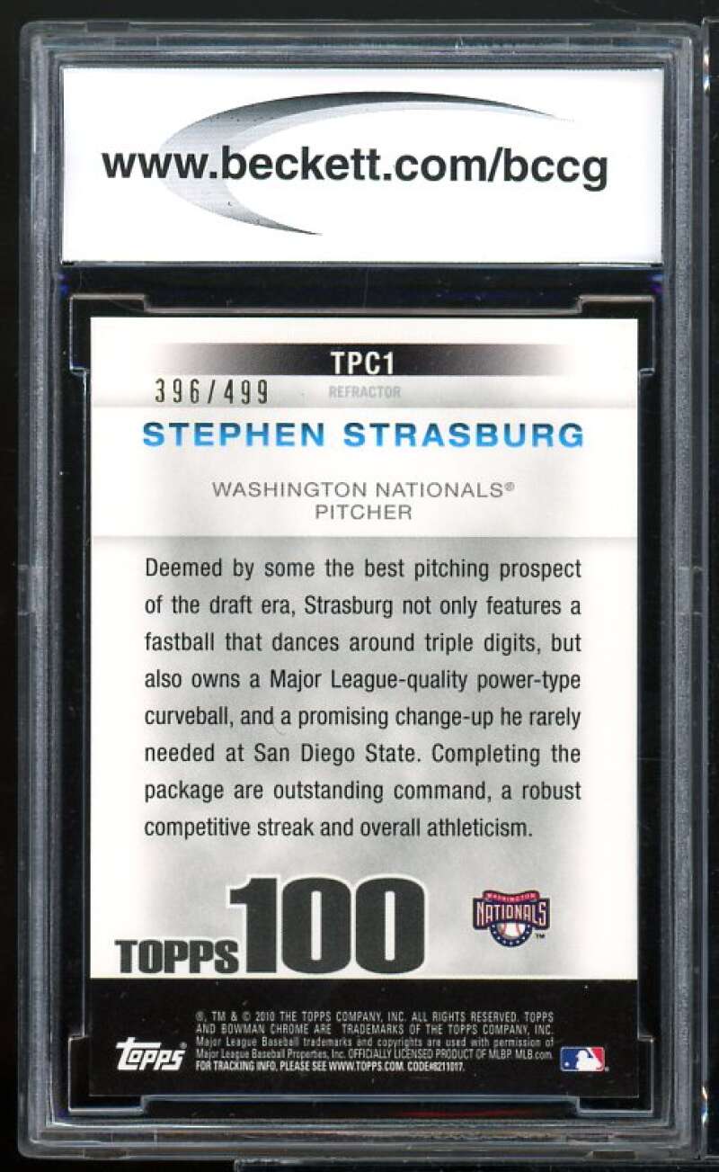 2010 Bowman Chrome Topps 100 Pros Refractors #1 Stephen Strasburg RC BGS BCCG 10 Image 2