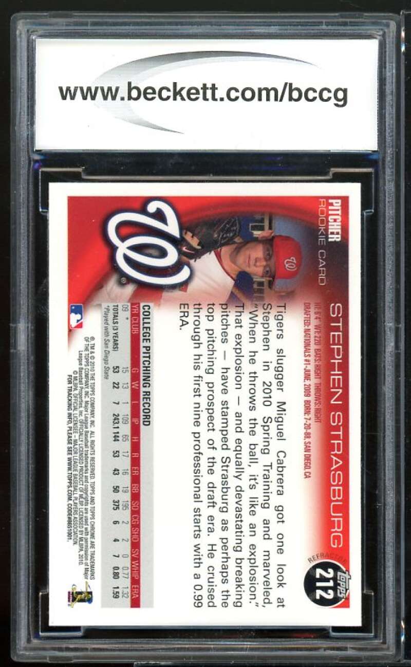 2010 Topps Chrome Refractors #212 Stephen Strasburg Rookie BGS BCCG 10 Mint+ Image 2