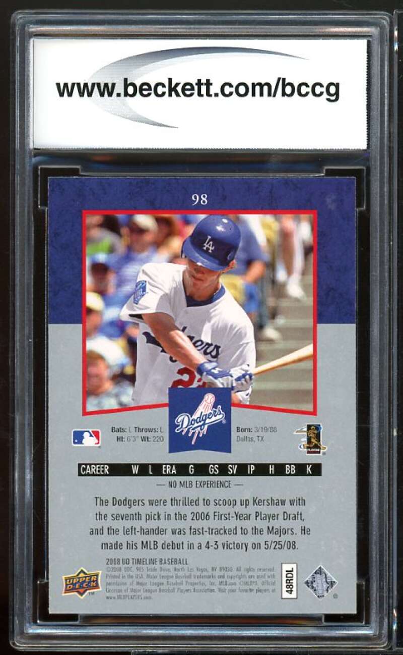 2008 Upper Deck Timeline #98 Clayton Kershaw Rookie Card BGS BCCG 9 Near Mint+ Image 2