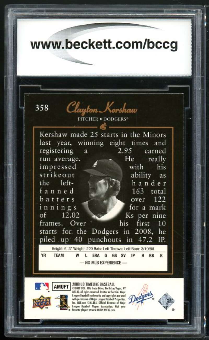 2008 Upper Deck Timeline #358 Clayton Kershaw Rookie Card BGS BCCG 10 Mint+ Image 2